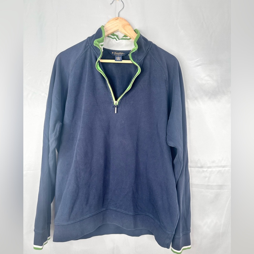 Brooks Brothers Men's Blue Zip-Up Sweater with‎ Green Trim Supima Cotton Sz L